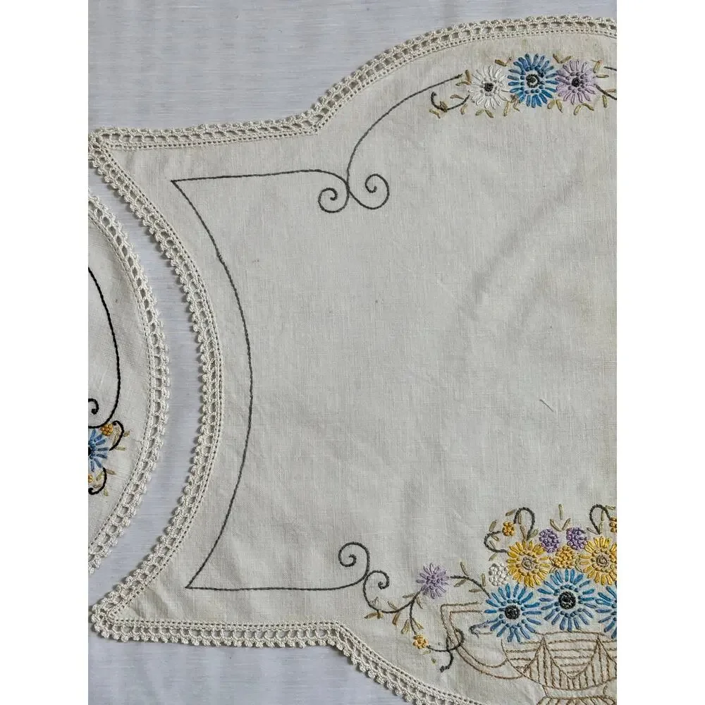 Vintage 3pc Set Embroidered Table Runner Dresser Scarf Blue Gold Floral AS IS